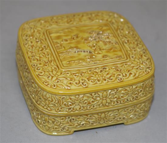 A Chinese moulded and yellow glazed box and cover, Qianlong mark, probably Republic period, 6.7cm